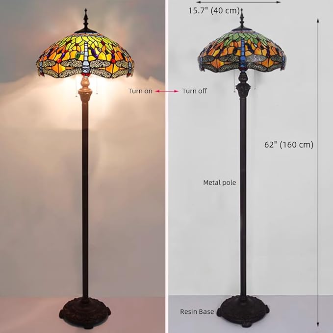 Baroque Tiffany Dragonfly Floor Lamp Orange Glass Vintage Standing Lamp with Pull Chain Traditional Stained Glass Floor Standing Reading Lights for Living Room Bedroom Home Farmhouse