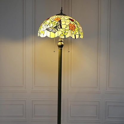 Tiffany Flower Floor Lamp Beige Glass Vintage Standing Lamp with Pull Chain Traditional Stained Glass Standing Reading Light for Living Room Bedroom Farmhouse - Handmade Butterfly Shade