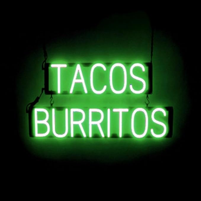 SpellBrite TACOS BURRITOS Sign | Mexican Food-Related Sign with Neon Look, Green LED Light Source | 29.0" x 15.0"
