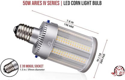 RuggedGrade Aries IV Series 50W LED Corn Bulb | 7,250 Lumens | 5000K Bright White | E39 Base | High Output Post Top or Area Lighting | DLC 5.1 Premium
