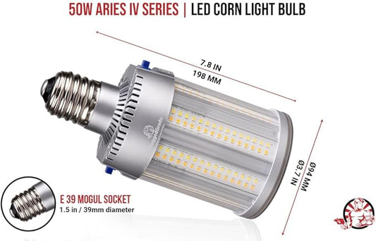 RuggedGrade Aries IV Series 50W LED Corn Bulb | 7,250 Lumens | 5000K Bright White | E39 Base | High Output Post Top or Area Lighting | DLC 5.1 Premium