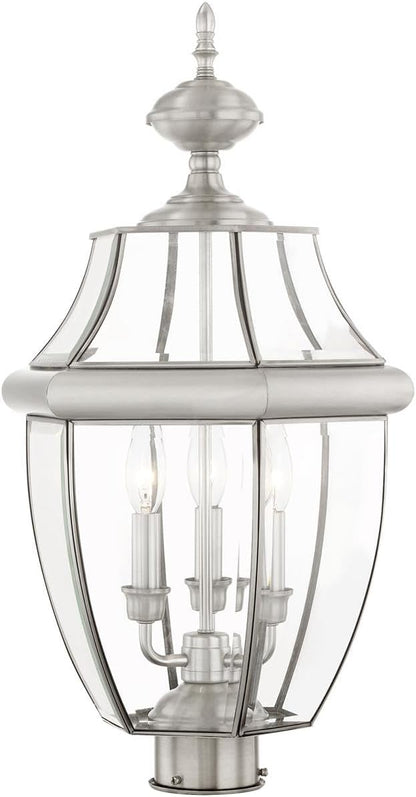 Livex Lighting 2354-91 Monterey 3 Light Outdoor Brushed Nickel Finish Solid Brass Post Head with Clear Beveled Glass