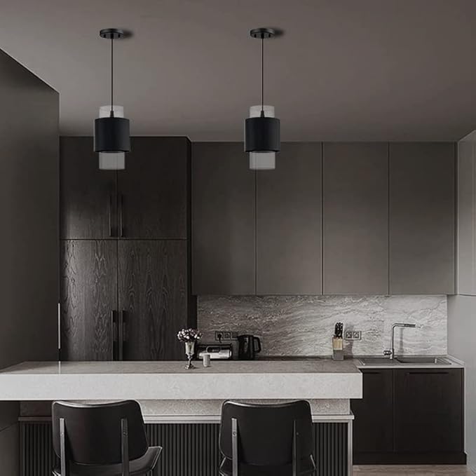 1 Light 3 Pack Hanging Indoor Kitchen Island Pendant Light 6" Drum Glass Shade Pendant Ceiling Light Fixtures Modern Farmhouse Dinning Over Sink (Black Finish)