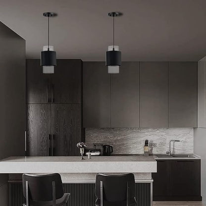 1 Light 3 Pack Hanging Indoor Kitchen Island Pendant Light 6" Drum Glass Shade Pendant Ceiling Light Fixtures Modern Farmhouse Dinning Over Sink (Black Finish)