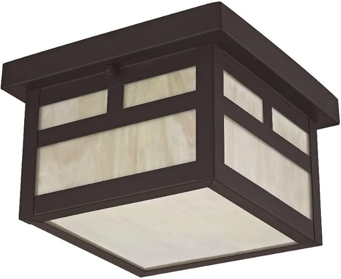 Livex Lighting 2138-07 Montclair Mission 1 Light Outdoor Bronze Finish Solid Brass Ceiling Mount with Iridescent Tiffany Glass, 5.50x8.00x8.00