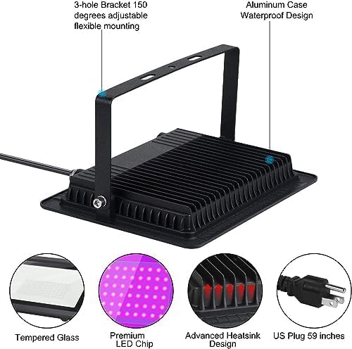 Black Lights 300W LED Flood Light with Plug(6ft Cable), IP66 Waterproof Black Lights for Party, Stage Lighting, Aquarium, Body Painting, Halloween, Neon Glow in The Dark (2 Pack)