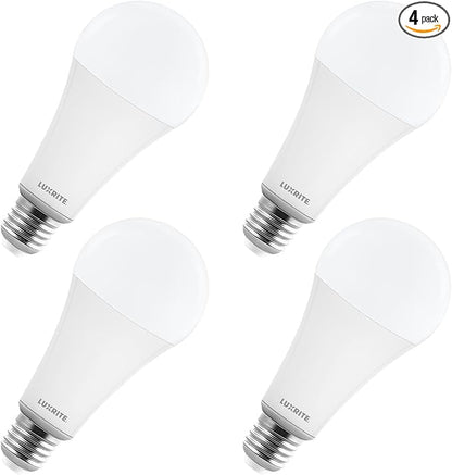 LUXRITE A23 LED Light Bulb, 33 Watt, E26 Base Bulb, 4000 Lumens, Dimmable, 5000K Bright White, 240° Beam Angle, CRI 80, 120V, Damp Rated, Shatter-Proof, UL Listed, Frosted (4 Pack)