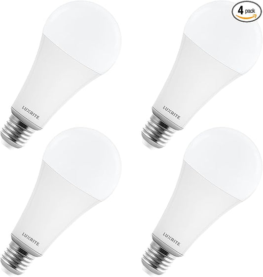 LUXRITE A23 LED Light Bulb, 33 Watt, E26 Base Bulb, 4000 Lumens, Dimmable, 5000K Bright White, 240° Beam Angle, CRI 80, 120V, Damp Rated, Shatter-Proof, UL Listed, Frosted (4 Pack)