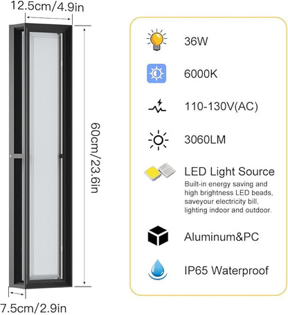 Sytmhoe Outdoor Wall Sconce Lights,2Packs 10%-100% Dimmable LED Modern Porch & Patio Wall Light Fixture, 23.6in Black Exterior Sconce Wall Mounted Lights Suitable for Garage Courtyard House(6000K)