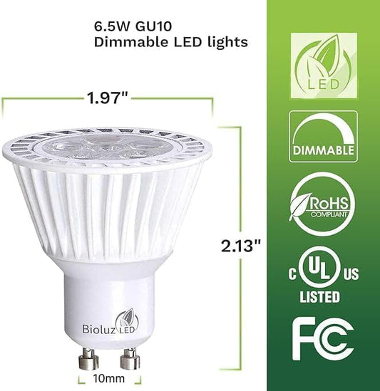 Bioluz LED 100 Pack GU10 Dimmable LED Light Bulbs 3000K Soft White 50W Halogen Replacement Using 6.5W GU10 Base 120V UL Listed FCC and RoHS Compliant (Commercial Grade Pack of 100)