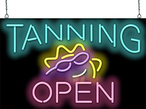Tanning Open Neon Sign - Large Size - 32" wide x 20" high - Real, Quality Hand Bent Neon Sign - Turquoise & PInk Letters with a Yellow, Purple & White Sunshine Design
