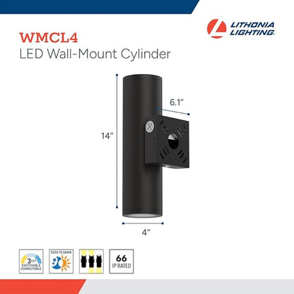 Lithonia Lighting WMCL 4 Inch LED Outdoor Wall Light, Modern Cylinder Outdoor Wall Sconce with Up/Down/Both Beam Direction, Selectable White Color, Photocell Dusk-to-Dawn, 75-Degree Beam Spread