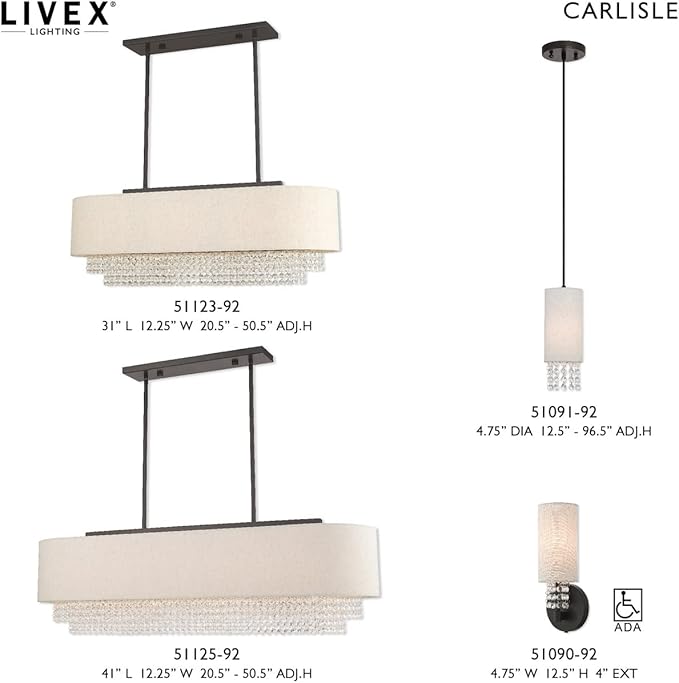 Livex Lighting 51125-92 Carlisle - 41" Five Light Linear Chandelier, English Bronze Finish with Oatmeal Fabric Shade with Clear Crystal