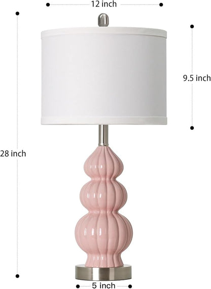 26.5" Pink Ceramic Table Lamps Set of 2, Modern Bedside Lamps for Girls Room, Triple Gourd Table Lamp for Living Room End Table or Bedroom Nightstand (2 LED Bulbs Included)