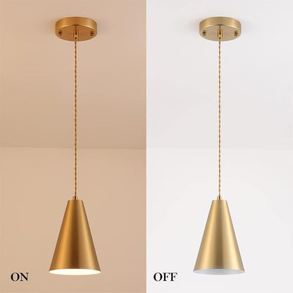 Dijiahua Brass Pendant Lights Kitchen Island,Gold Dining Room Light Fixtures Over Table with Cone Metal Shade, Modern Vintage Mini Chandeliers,Adjustable Cord Hanging Lighting for Bar,Sink.(1 Pack)