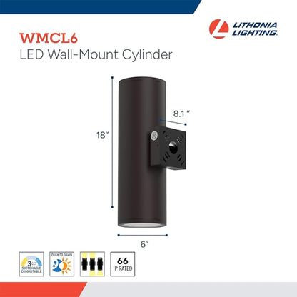 Lithonia Lighting WMCL 6 Inch LED Outdoor Wall Light, Modern Cylinder Outdoor Wall Sconce with Up/Down/Both Beam Direction, Selectable White Color, Photocell Dusk-to-Dawn, 75-Degree Beam Spread