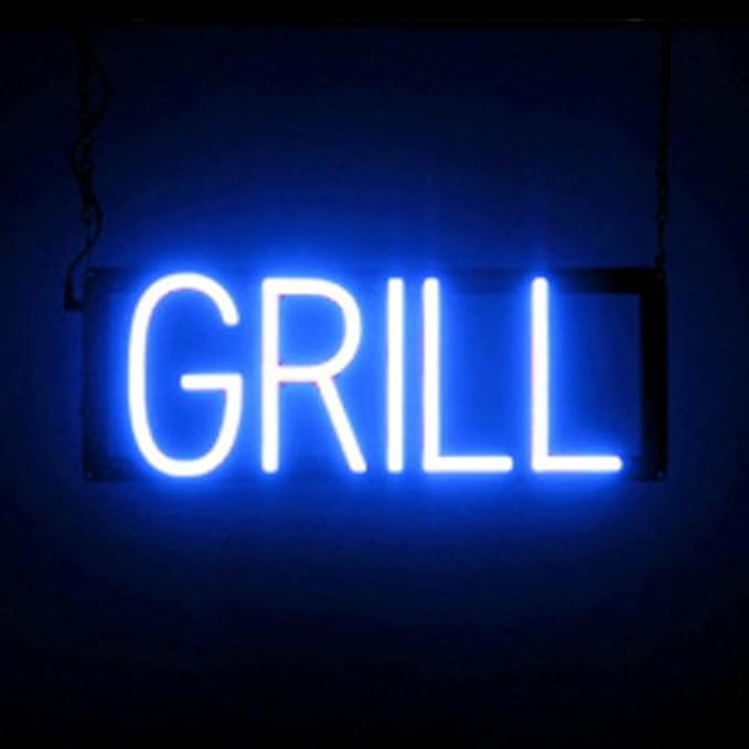 SpellBrite GRILL Sign | Food-Related Sign with Neon Look, Blue LED Light Source | 17.0" x 6.3"
