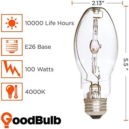 GoodBulb MP100/U/MED Metal Halide HID Light Bulb 100W E26 Base EDX17 ANSI Code M90 High Output HID Light 4000K Cool White Light Color Clear Finish | Car Dealership Lighting 2 Pack