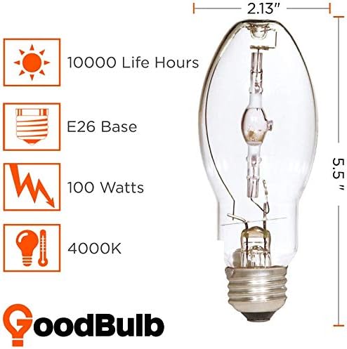 GoodBulb MP100/U/MED Metal Halide HID Light Bulb 100W E26 Base EDX17 ANSI Code M90 High Output HID Light 4000K Cool White Light Color Clear Finish | Car Dealership Lighting 2 Pack