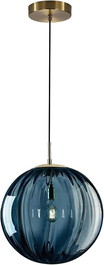 KCO Lighting Modern Large Globe Pendant Light 1-Light Single Blue Glass Pendant Lighting Kitchen Island Vintage Ribbed Glass Pendant Light Contemporary Gold Hanging Light Fixture (9.8”)