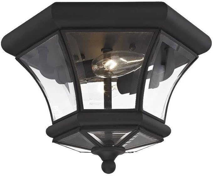 Livex Lighting 7052-04 Monterey 2 Light Outdoor/Indoor Black Finish Solid Brass Flush Mount with Clear Beveled Glass