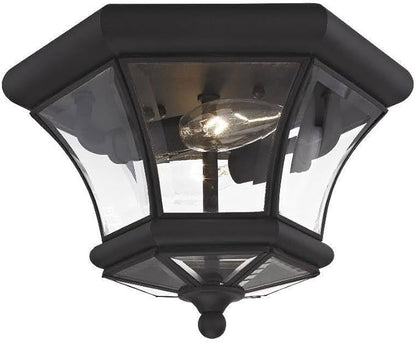 Livex Lighting 7052-04 Monterey 2 Light Outdoor/Indoor Black Finish Solid Brass Flush Mount with Clear Beveled Glass