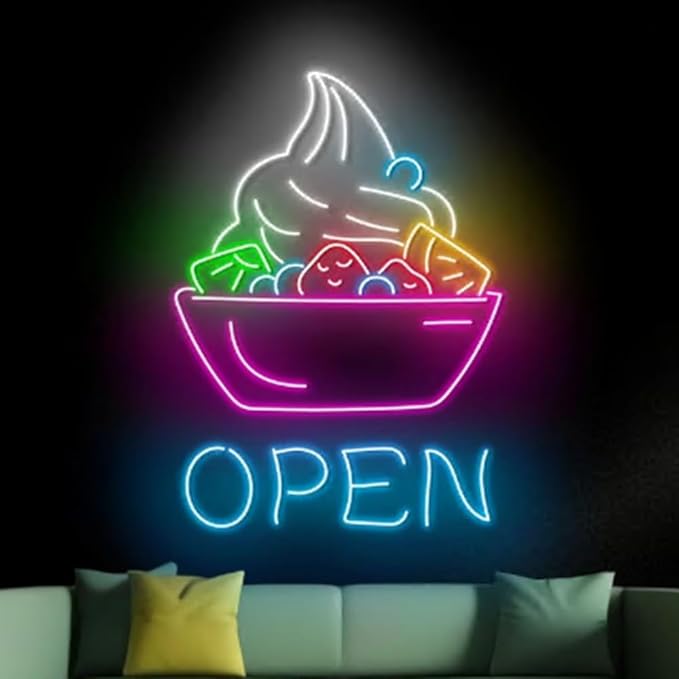 Yogurt Open Neon Sign, Frozen Yogurt Led Sign,Yogurt Bowl Neon Light, Yogurt Store Wall Art Décor Size:20inch