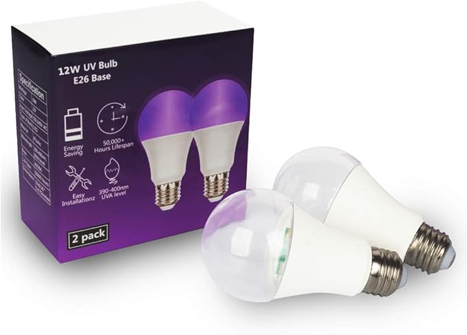FAGUANGAO LED Black Light Bulb,12W(100Watt Equivalent) A19 UV Blacklight Bulb,120V,UVA Level 390-400nm,E26 Medium Base,Glow in The Dark for Blacklight Party,Fluorescent Poster,Neon Glow(2 Pack)