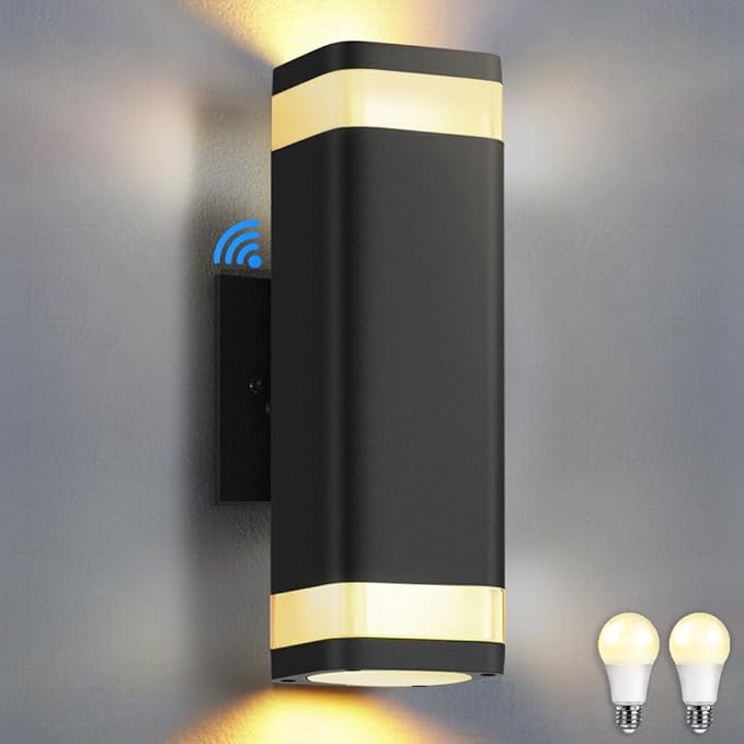 SHIMR Dusk to Dawn Outdoor Wall Light with Sensor, Waterproof Up and Down Exterior Wall Sconce, Modern Black Aluminum Outdoor Light Fixture for Porch Patio Garage, LED Bulbs Included