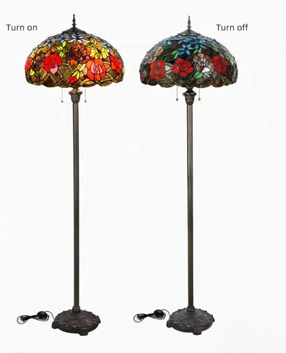 Tiffany Flower Floor Lamp Vintage Glass Standing Lamp with Pull Chain Traditional Stained Glass Floor Standing Reading Lights for Living Room Bedroom Farmhouse - Handmade Floral Lampshade