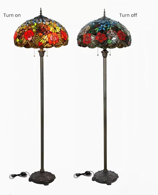 Tiffany Flower Floor Lamp Vintage Glass Standing Lamp with Pull Chain Traditional Stained Glass Floor Standing Reading Lights for Living Room Bedroom Farmhouse - Handmade Floral Lampshade