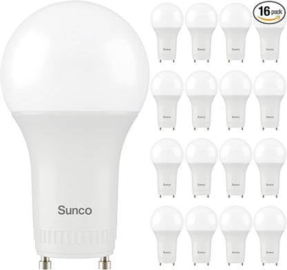 Sunco 16 Pack GU24 LED Bulb A19, 2 Prong Light Bulbs, 800 LM, 9W (60W Equivalent), 3000K Warm White, Dimmable, Twist & Lock GU24 Pin Base, CRI91, Instant On UL.