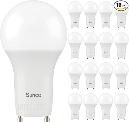 Sunco 16 Pack GU24 LED Bulb A19, 2 Prong Light Bulbs, 800 LM, 9W (60W Equivalent), 3000K Warm White, Dimmable, Twist & Lock GU24 Pin Base, CRI91, Instant On UL.