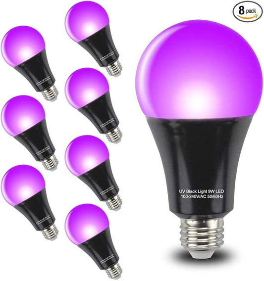Black Light Bulbs 9W 8 Pack A19 E26 LED Blacklight Bulb 385-400nm UVA Black Lights for Blacklight, Glow in The Dark, Body Paint, Fluorescent Poster, Neon Glow