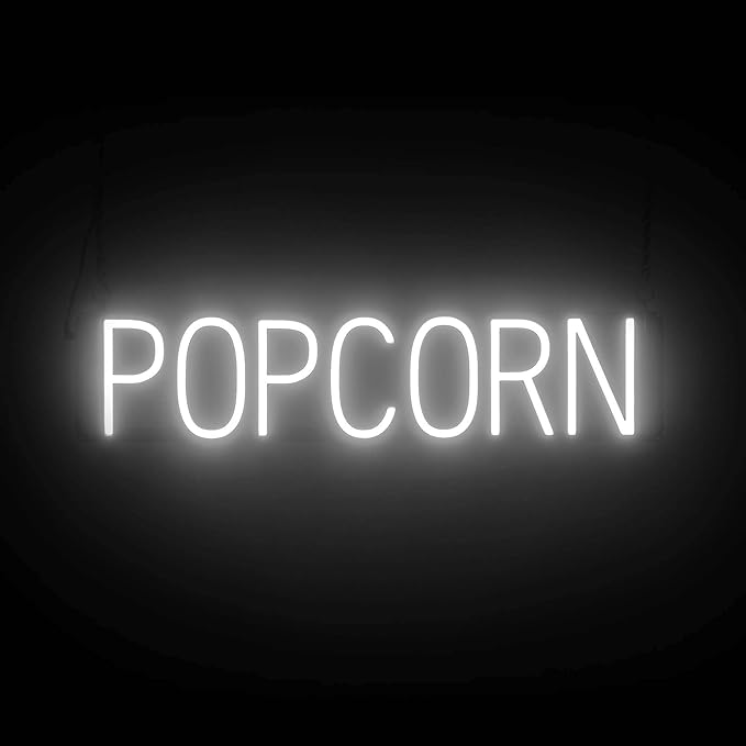 SpellBrite POPCORN Sign | Treat-Related Sign with Neon Look, White LED Light Source | 28.1" x 6.3"