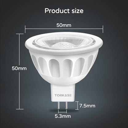 Torkase 10 Pack MR16 LED Bulbs, 5W 12V, GU5.3 Bi-Pin Base, 40 Degree Spotlight Bulb, 50 Watt Equivalent, Non-Dimmable, 500-Lumen, 6000K Cool White for Landscape Lighting, Recessed, Track Lighting