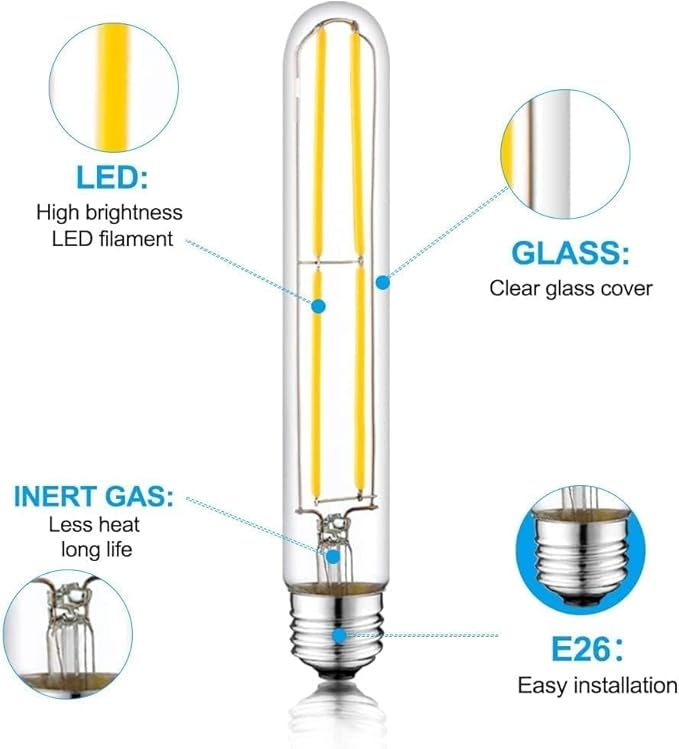 7.3 Inch 3000K Warm White Edison Bulbs Equal 80 Watt, 800LM E26 Led Bulb 6W Dimmable, T10 T9 Long Tubular Clear Glass Light Bulbfor Vanity Pendant Chandeliers Wall Sconces - UL Cert 2Pack