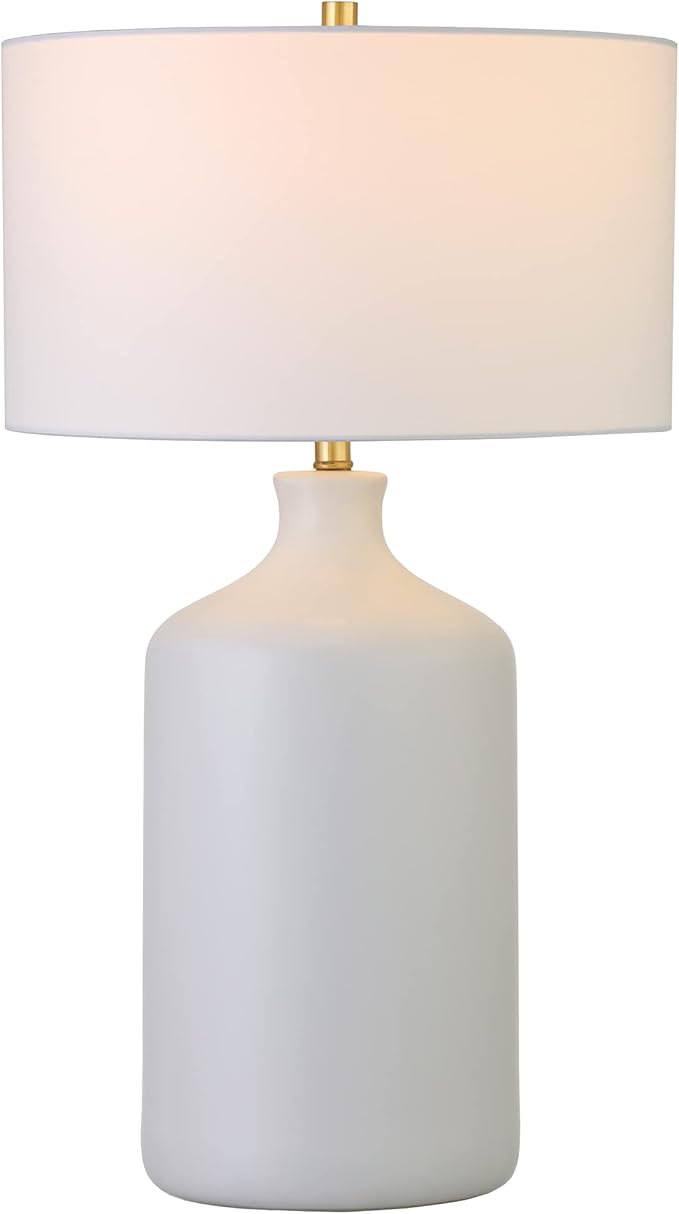 Henn&Hart 29'' Transitional 1-Light Table Lamp with White Fabric Drum Shade for Living Room, Bedroom, or Office, Matte White