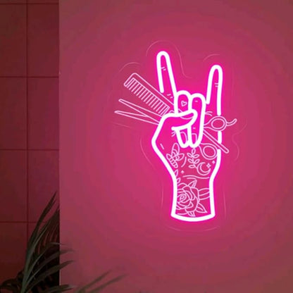 Stylish Hand Holding Scissors and Comb Peace Neon Sign, Hair studio Led, Beauty Shop Neon Decor, Salon Clipart Sign, Custom Business Sign Size:15x20inches