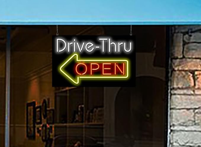 Drive-Thru OPEN Neon Sign w/Left Arrow - Large Size - 32" wide x 20" high - Real, Quality Hand Bent Neon Sign - White & Red Letters with a Yellow Left Pointing Arrow