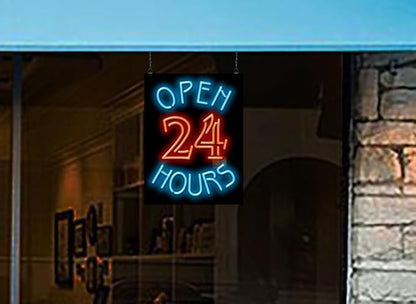 Open 24 Hours Neon Sign - Large Size - 18" wide x 24" high - Real, Quality Hand Bent Neon Sign - Red & Blue Letters