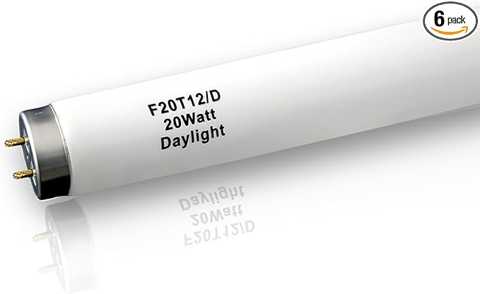 6 Pack 2FT F20T12/D Daylight Fluorescent Bulb, 24 Inch 6500K 20 Watt Full Spectrum Light, 1.5 Inch Diameter T12 Linear Tube, High Transparency CRI 85+