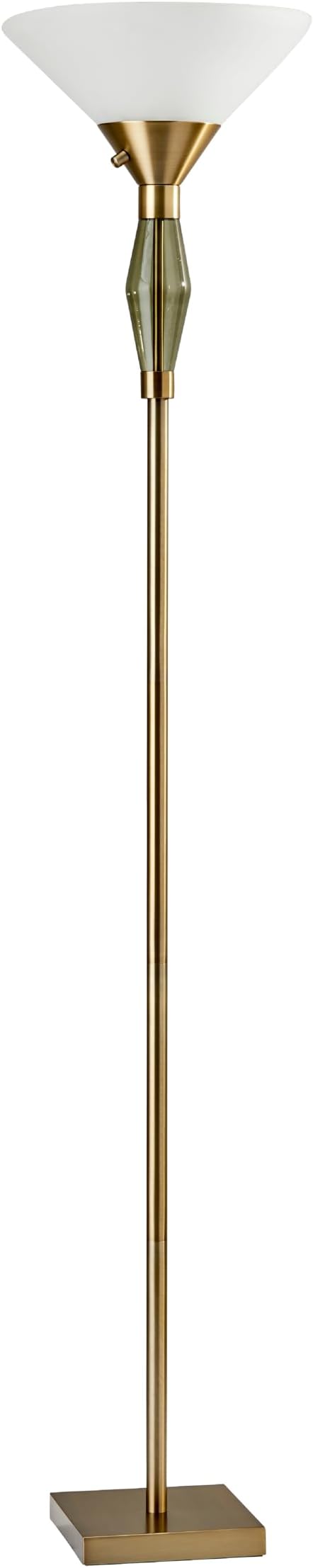 Adesso Torchiere Floor Lamp with Antique Brass Finish & Green Glass – 71” Tall, Dual Socket, Adjustable 3-Way Lighting for Bedroom or Living Room