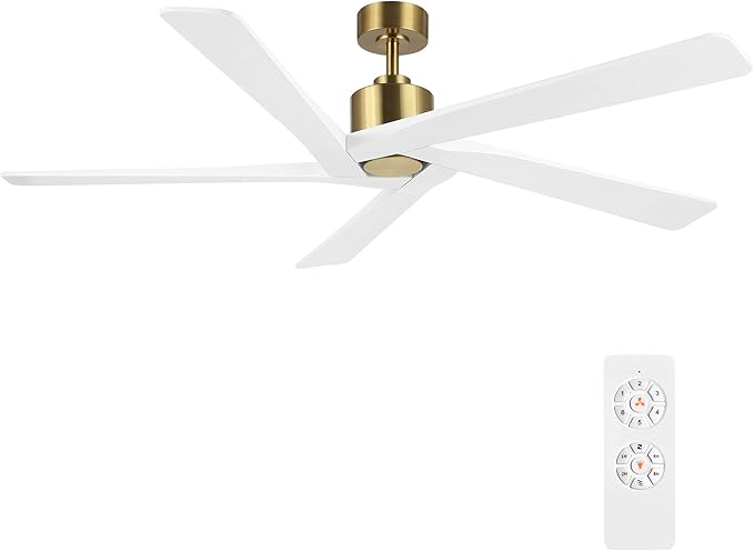 WINGBO 54 Inch DC Ceiling Fan without Lights, 5 Reversible Carved Solid Wood Blades, 6-Speed Noiseless DC Motor, Ceiling Fan No Light with Remote, Brass Finish with White Blades, ETL Listed
