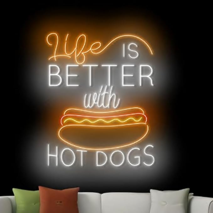 Life Is Better With Hot Dog Neon Sign For Fast Food Restaurant Wall Decor, 23" Hot Dog Shop Wall Art, Street Food Led Light
