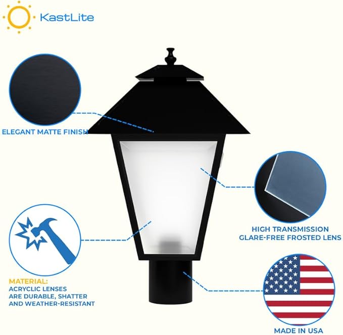 KastLite Outdoor Post Light Fixture, Fits 3" Lamp Post Outdoor Lighting - Anti-Rust Waterproof Lantern Pole Light, E26 Base - Yard Pathway Driveway Patio Deck Fence & Street Lighting