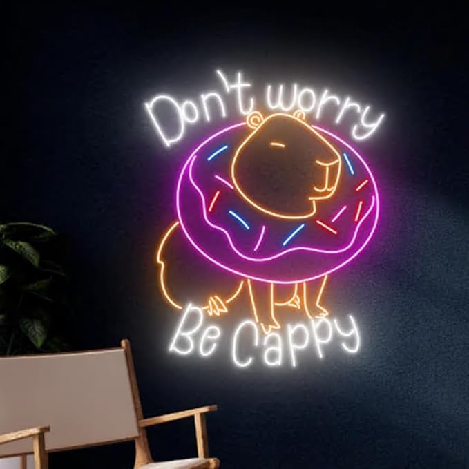 Don't Worry Be Cappy Neon Light, Donut Capybara Neon Sign, Capybara Donut Led Light, Donut Capybara Led Sign, Nursery Room Wall Art Decor Size:20 inches