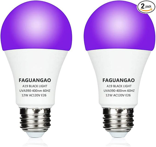 FAGUANGAO LED Black Light Bulb,12W(100Watt Equivalent) A19 UV Blacklight Bulb,120V,UVA Level 390-400nm,E26 Medium Base,Glow in The Dark for Blacklight Party,Fluorescent Poster,Neon Glow(2 Pack)