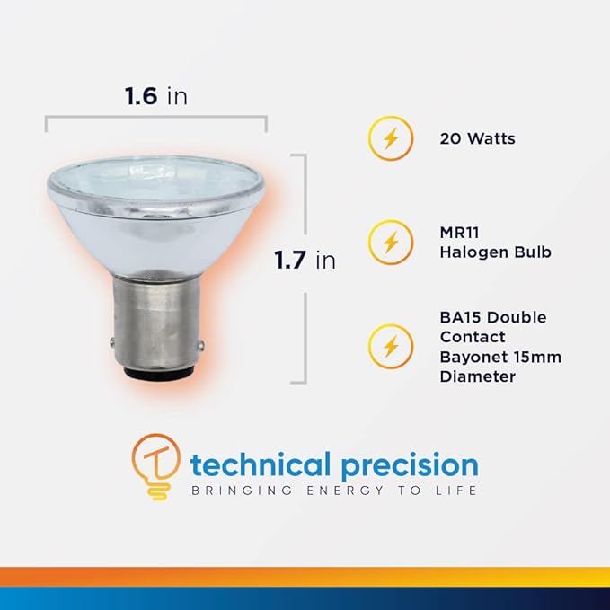 Technical Precision Replacement for Damar Gbf/Frost/ss 20W 12V ALR12 Light Bulb 20 Watts MR11 Halogen Bulb - BA15D Double Contact Bayonet Base - 1 Pack