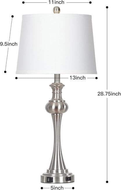 28.75"Silver Table Lamps Set of 2, 3 Way Touch Control Living Room Lamps with USB A+C Ports & Outlets , Modern Bedside Lamps, Elegant Metal Nightstand Lamps for Bedroom Office End Table Decoration